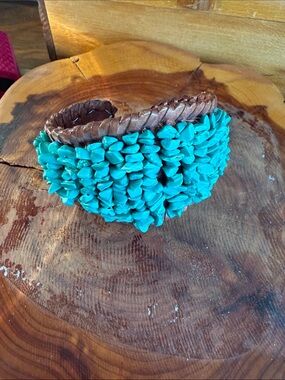 Handcrafted Turquoise Bead Cuff Bracelet with Braided Brown Band